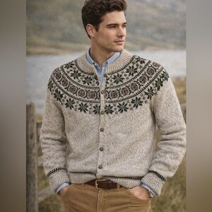 Danspun Cardigan Sweater M-L 100% Wool Fair Isle Gray Green Brown Ragg Denmark